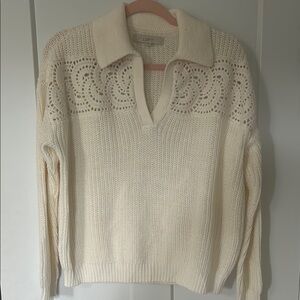 LOFT Women's Cream Crochet V-Neck Sweater